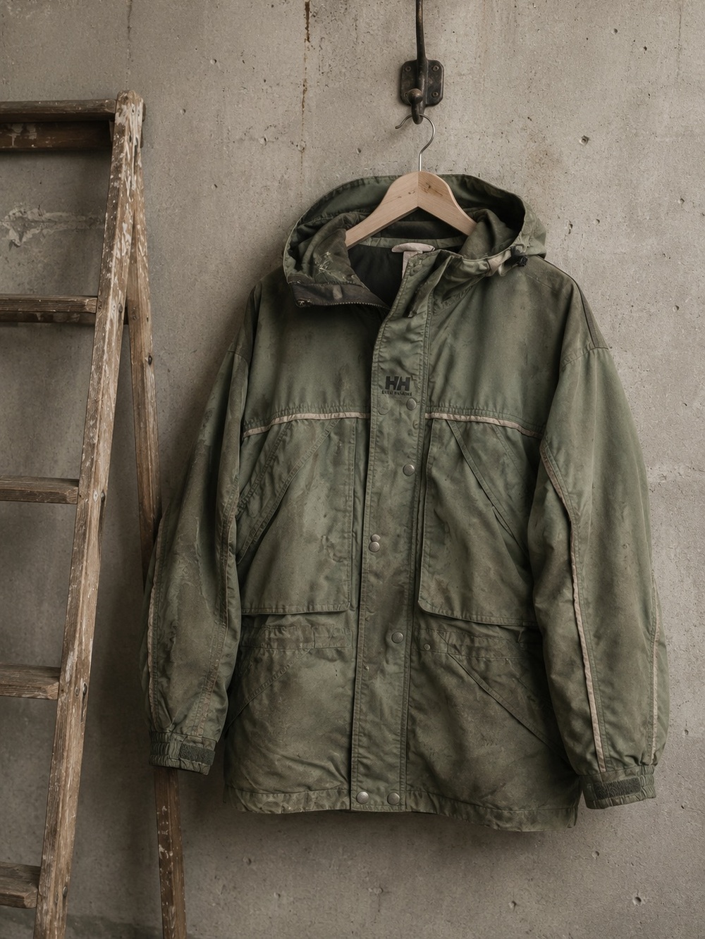 Helly Hansen Helly Tech Parka M Khaki Distressed Utility Jacket Stained Grunge
